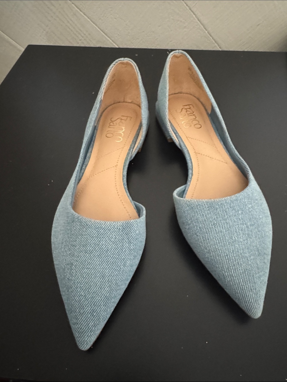 Franco Sarto Denim-Look Pointed D'Orsay Flats in Light Blue
